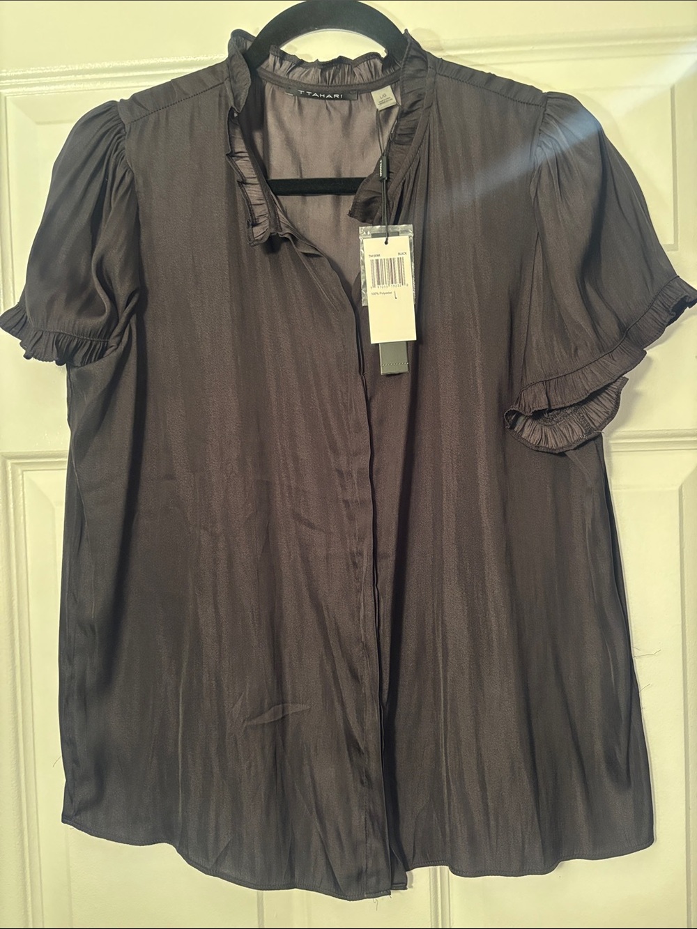 Tahari Charcoal Black Ruffled Short-Sleeve Blouse